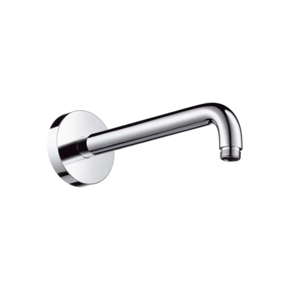 Hansgrohe Brausearm aus verchromtem Metall mit geschwungener Form, montiert auf einer runden Wandplatte, für die Nutzung in Badezimmern.